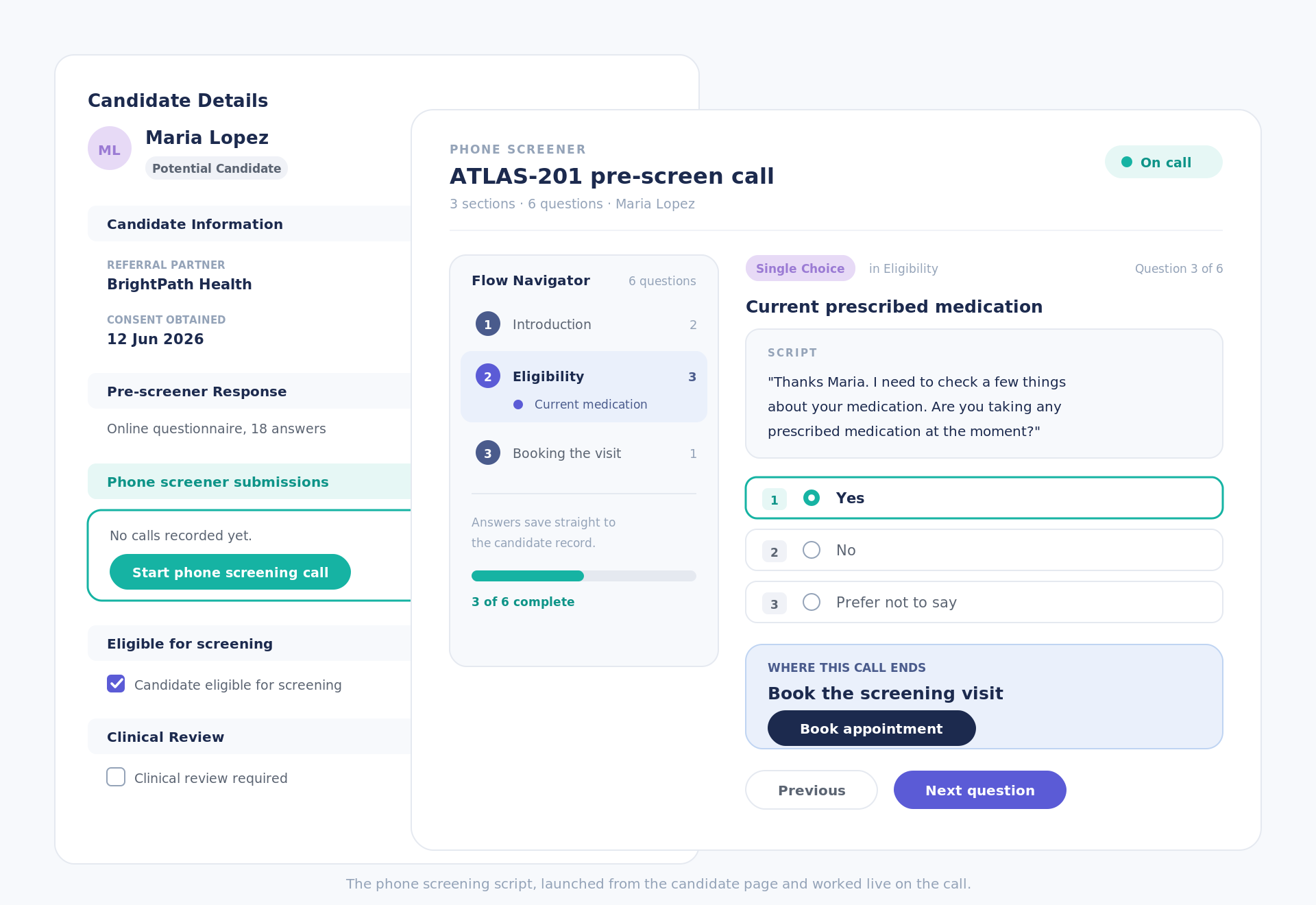 Phone screening script built into the candidate page